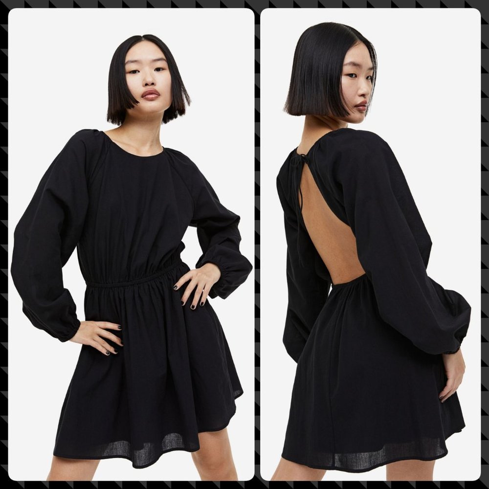 H&M Black Long-Sleeve Open-Back Mini Dress